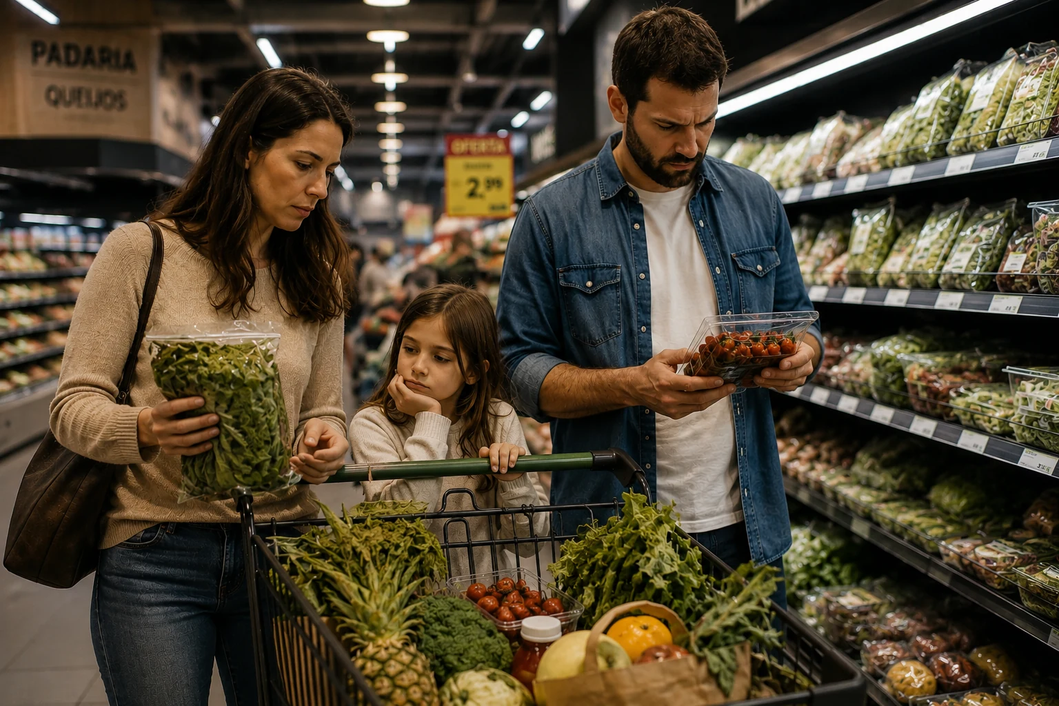 Família comprando verduras no supermercado